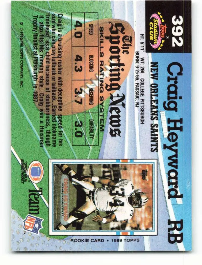 1992 Topps Stadium Club #392 Craig Heyward EX Excellent New Orleans Saints Football Card - Football Card Single