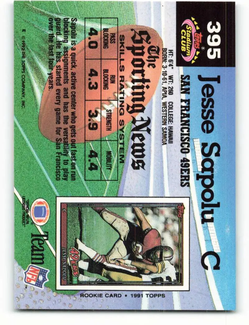 1992 Topps Stadium Club #395 Jesse Sapolu EX Excellent San Francisco 49ers Football Card - Football Card Single