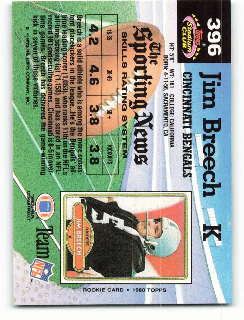 1992 Topps Stadium Club #396 Jim Breech EX Excellent Cincinnati Bengals Football Card - Football Card Single