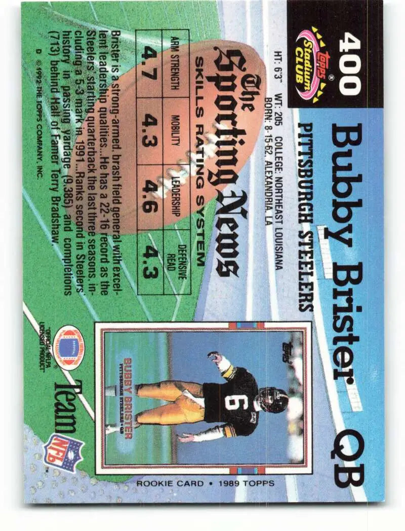 1992 Topps Stadium Club #400 Bubby Brister EX Excellent Pittsburgh Steelers Football Card