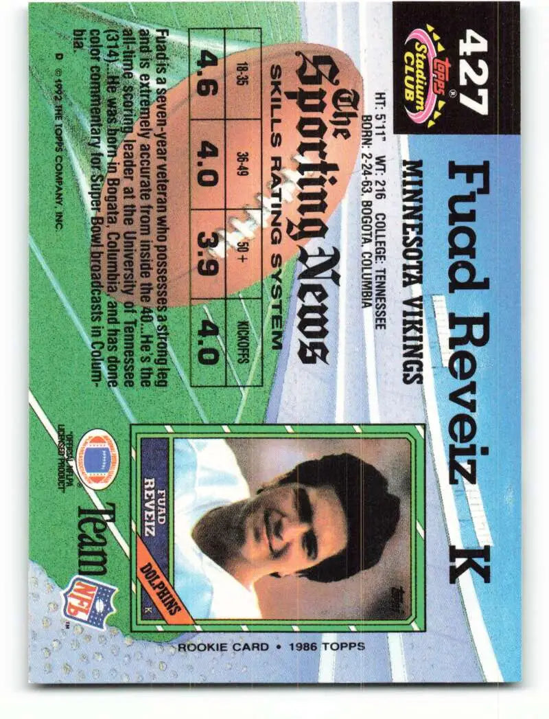 1992 Topps Stadium Club #427 Fuad Reveiz EX Excellent Minnesota Vikings Football Card - Football Card Single