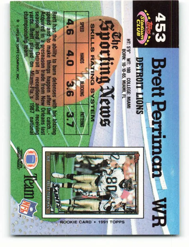 1992 Topps Stadium Club #453 Brett Perriman EX Excellent Detroit Lions Football Card