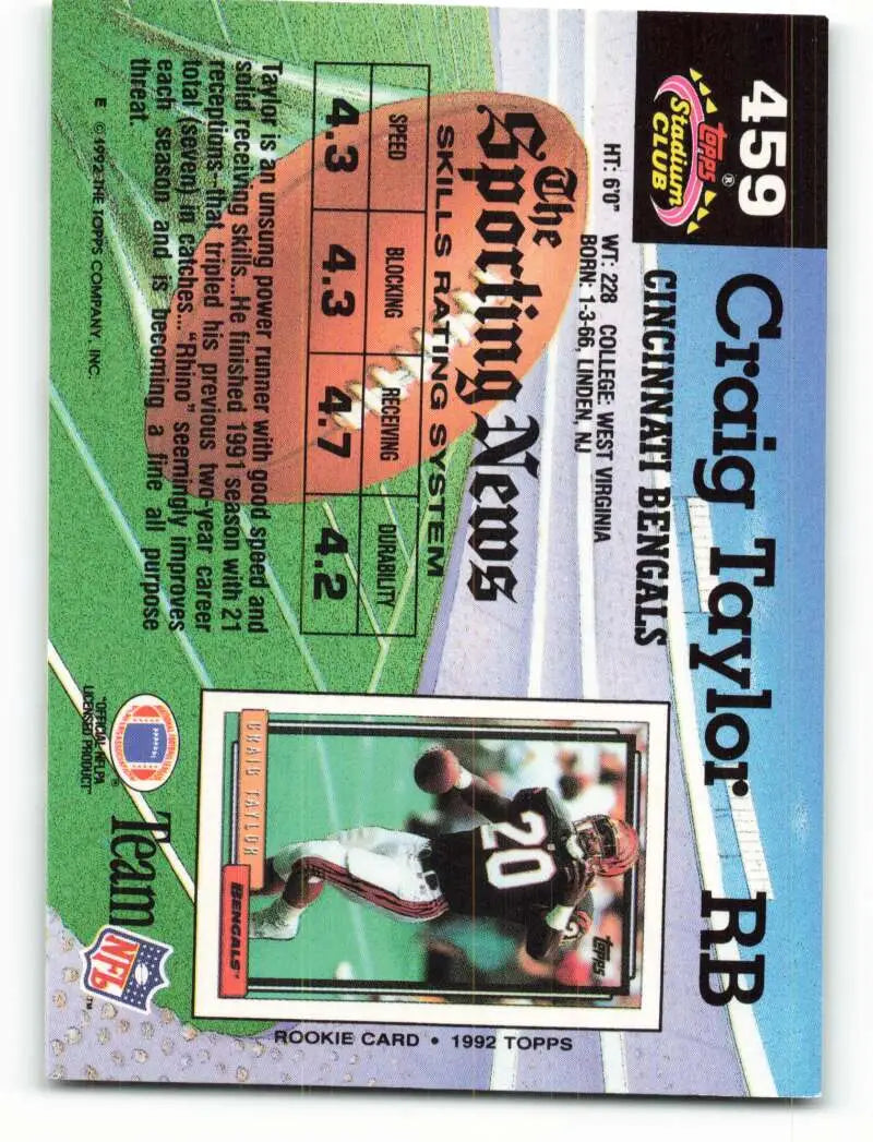1992 Topps Stadium Club #459 Craig Taylor EX Excellent Cincinnati Bengals Football Card - Football Card Single