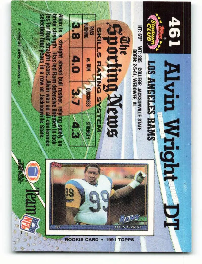 1992 Topps Stadium Club #461 Alvin Wright EX Excellent Los Angeles Rams Football Card - Football Card Single