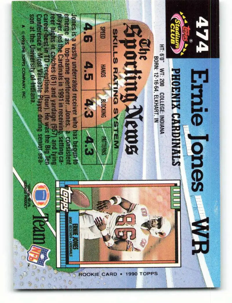 1992 Topps Stadium Club #474 Ernie Jones EX Excellent Phoenix Cardinals Football Card - Football Card Single