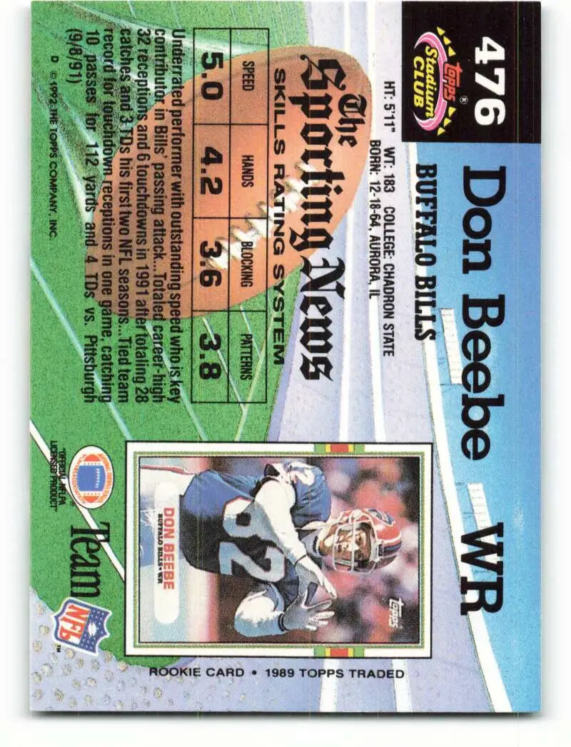 1992 Topps Stadium Club #476 Don Beebe EX Excellent Buffalo Bills Football Card - Football Card Single