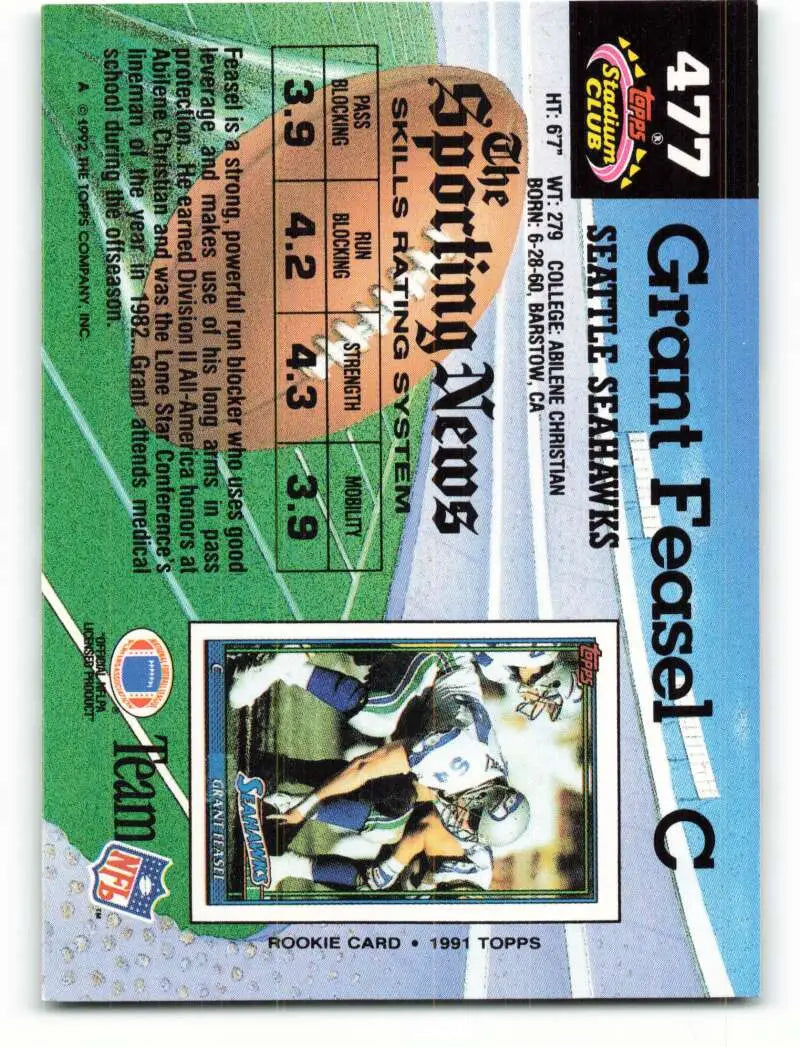 1992 Topps Stadium Club #477 Grant Feasel EX Excellent Seattle Seahawks Football Card - Football Card Single