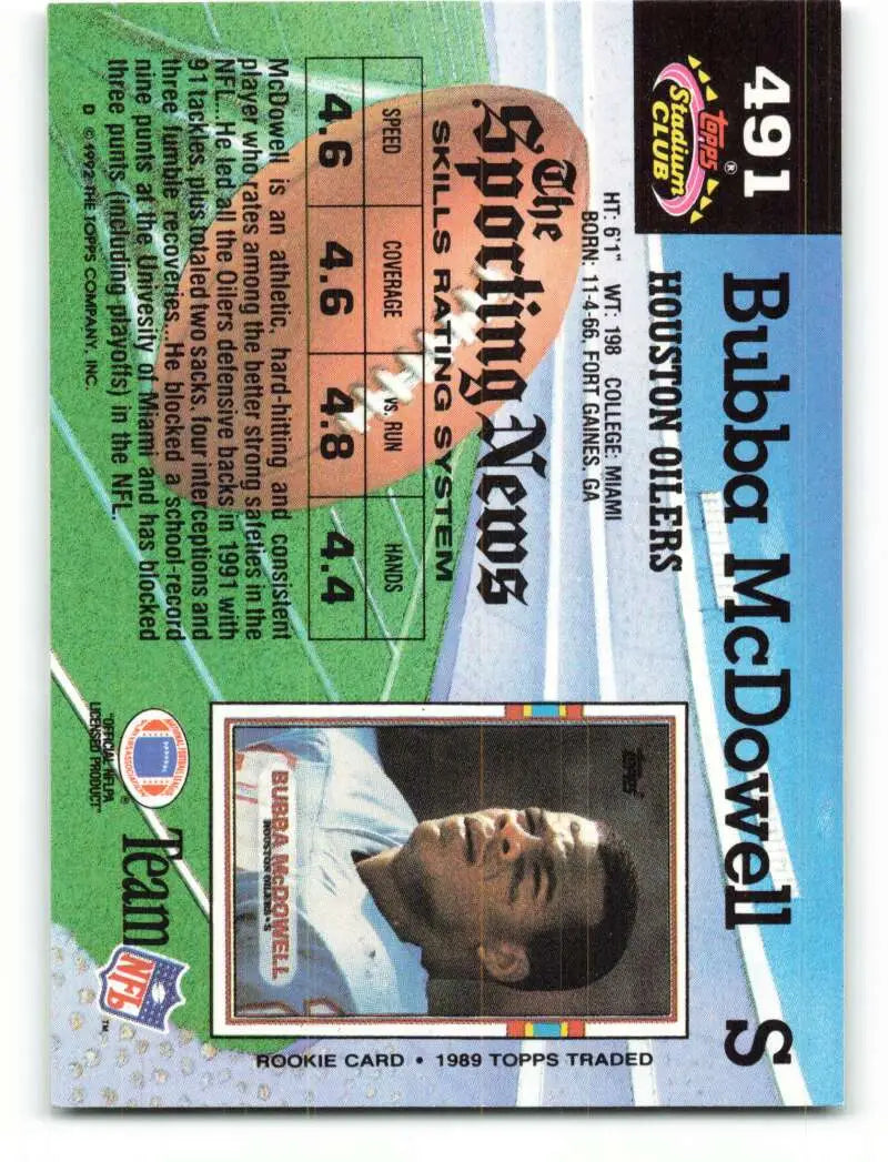 1992 Topps Stadium Club #491 Bubba McDowell EX Excellent Houston Oilers Football Card - Football Card Single