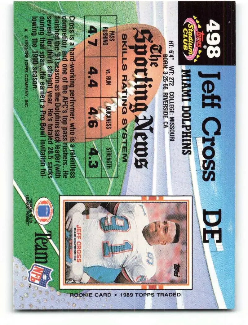 1992 Topps Stadium Club #498 Jeff Cross EX Excellent Miami Dolphins Football Card - Football Card Single