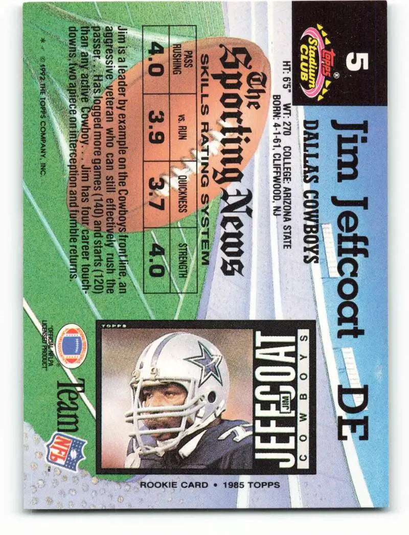 1992 Topps Stadium Club #5 Jim Jeffcoat EX Excellent Dallas Cowboys Football Card - Football Card Single