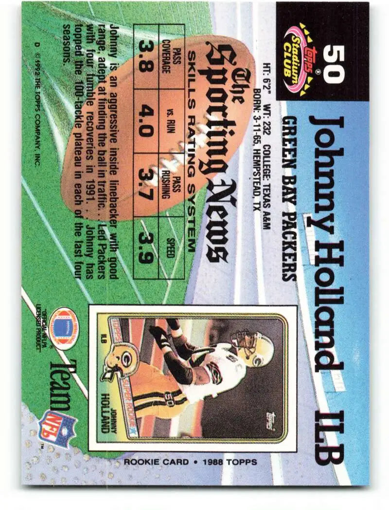 1992 Topps Stadium Club #50 Johnny Holland EX Excellent Green Bay Packers Football Card - Football Card Single