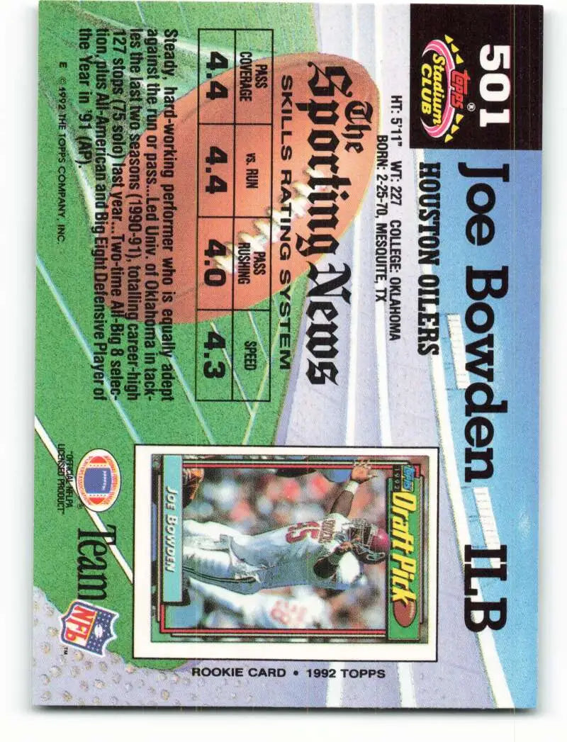1992 Topps Stadium Club #501 Joe Bowden EX Excellent RC Rookie Houston Oilers Football Card - Football Card Single