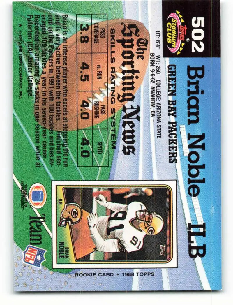 1992 Topps Stadium Club #502 Brian Noble EX Excellent Green Bay Packers Football Card