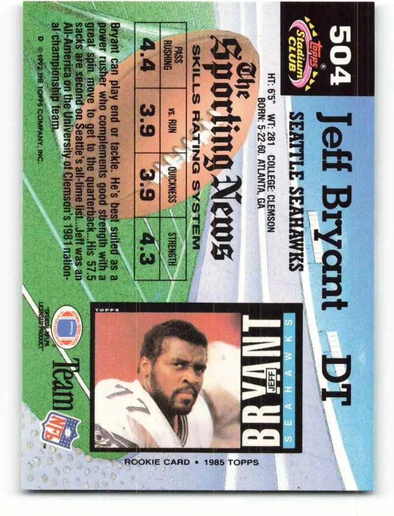 1992 Topps Stadium Club #504 Jeff Bryant EX Excellent Seattle Seahawks Football Card - Football Card Single