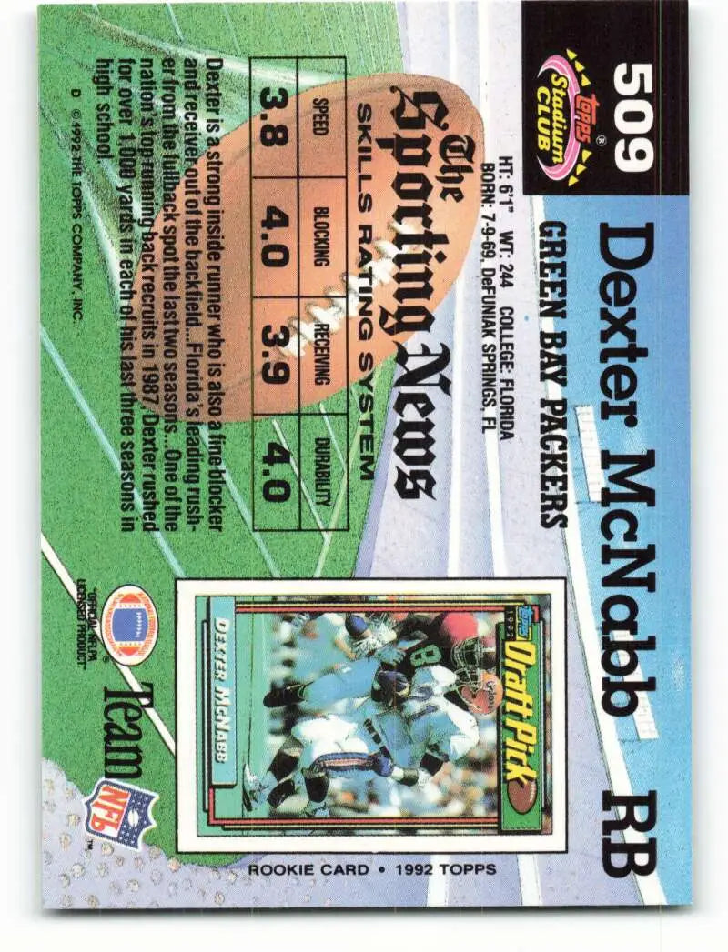 1992 Topps Stadium Club #509 Dexter McNabb EX Excellent RC Rookie Green Bay Packers Football Card - Football Card Single