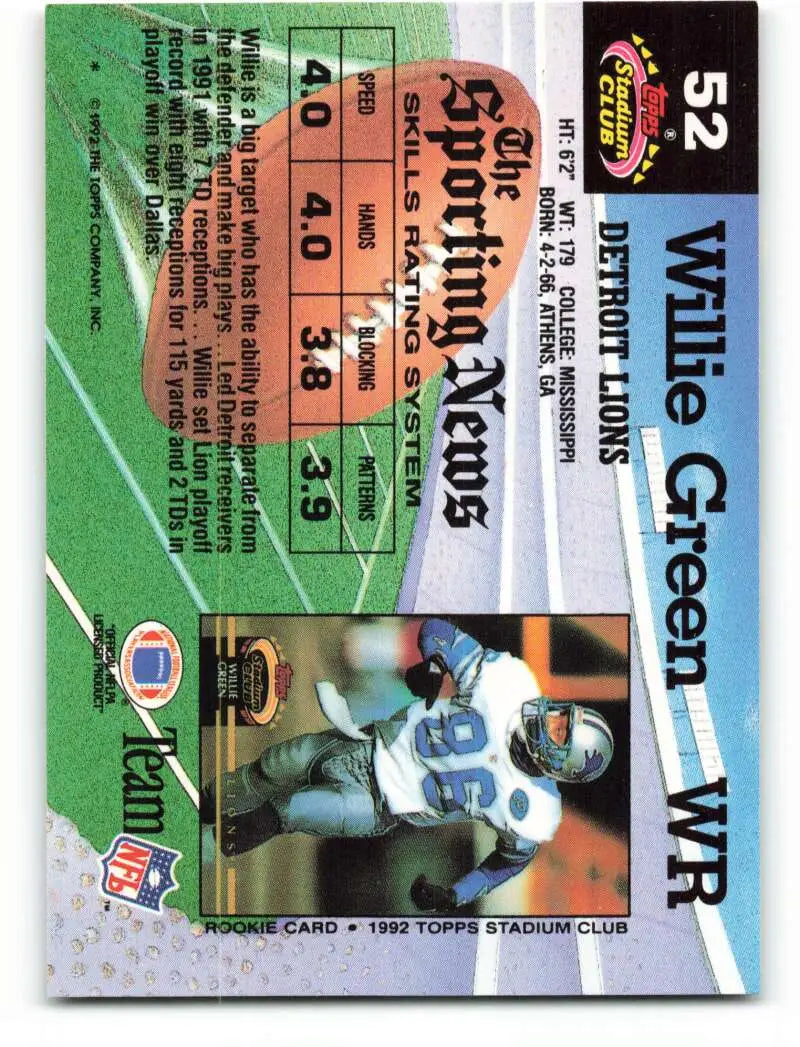 1992 Topps Stadium Club #52 Willie Green EX Excellent Detroit Lions Football Card - Football Card Single