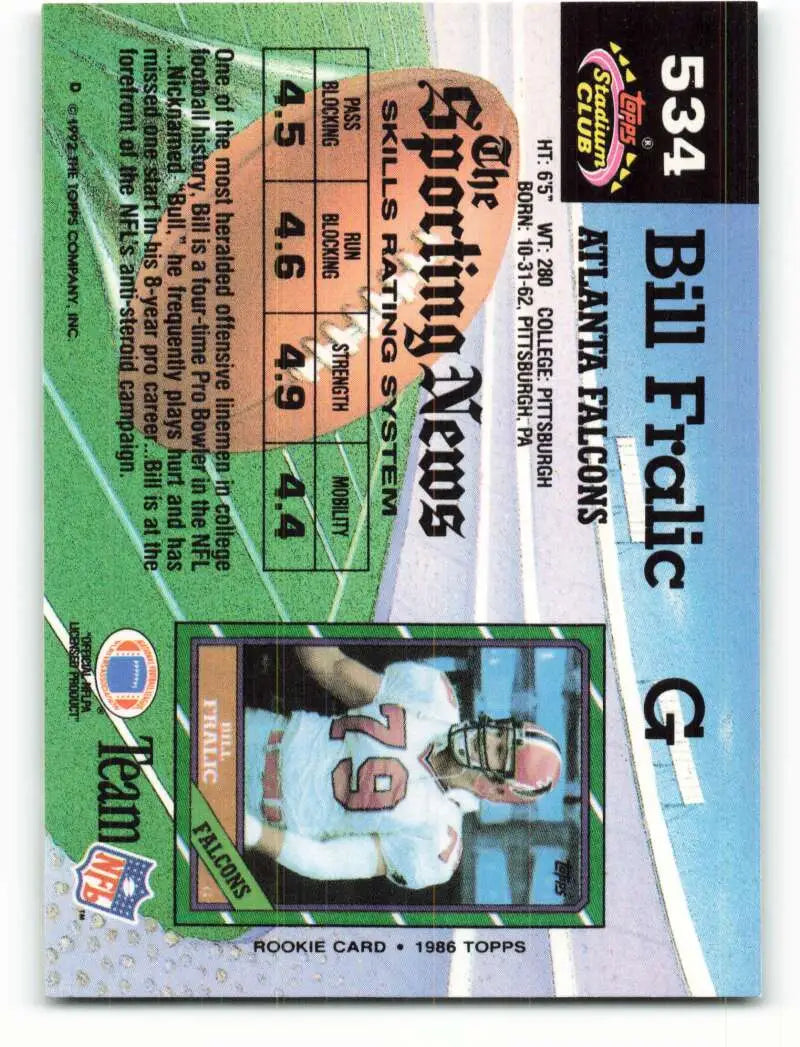 1992 Topps Stadium Club #534 Bill Fralic EX Excellent Atlanta Falcons Football Card - Football Card Single