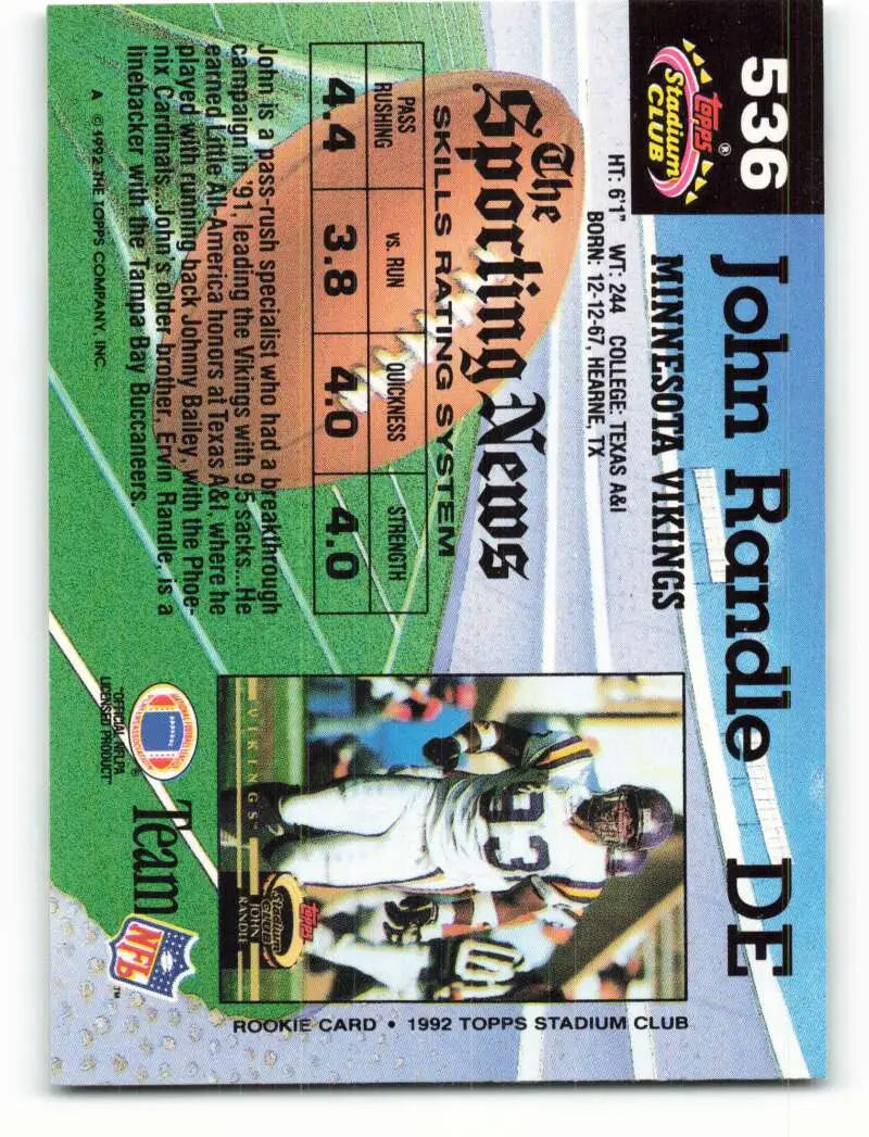 1992 Topps Stadium Club #536 John Randle EX Excellent Minnesota Vikings Football Card - Football Card Single