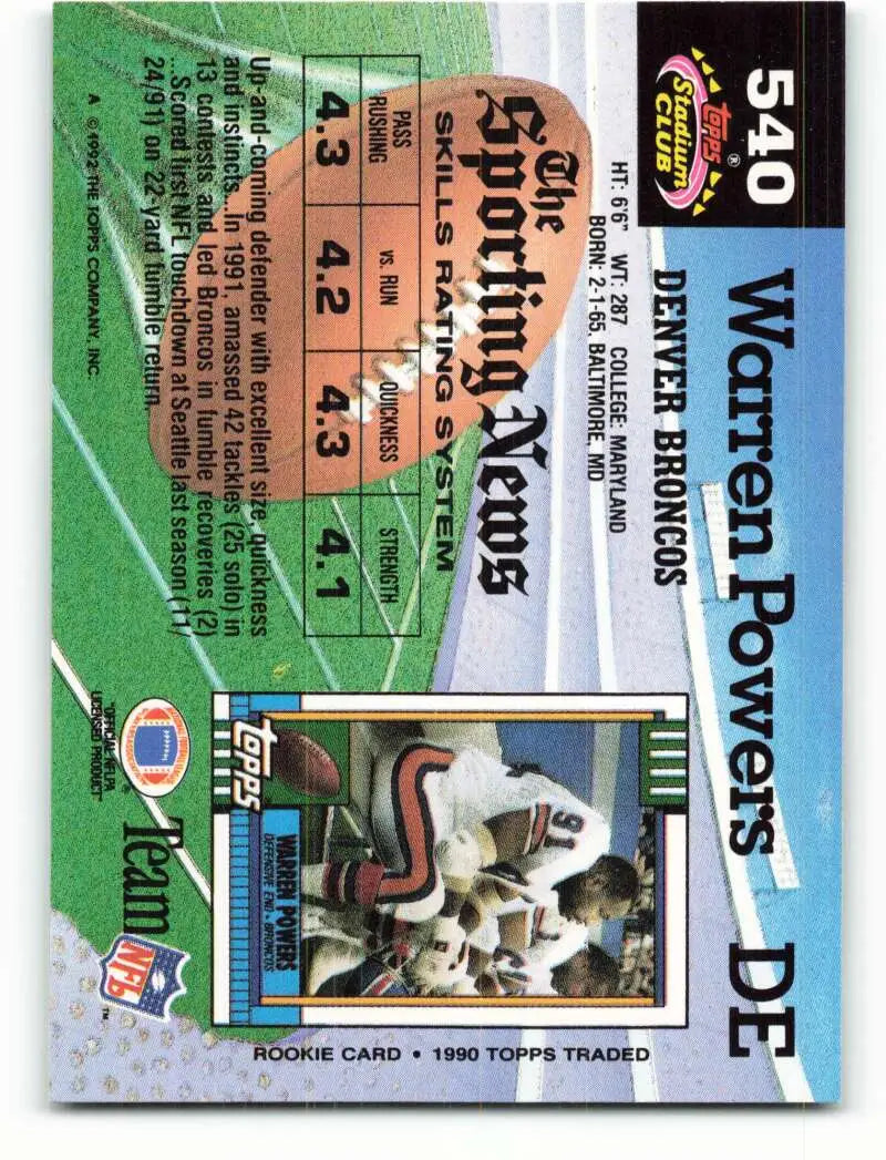 1992 Topps Stadium Club #540 Warren Powers EX Excellent Denver Broncos Football Card - Football Card Single