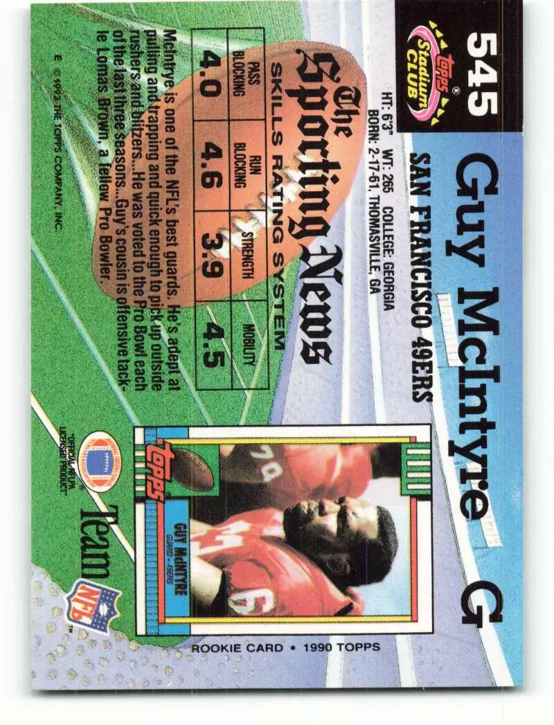 1992 Topps Stadium Club #545 Guy McIntyre EX Excellent San Francisco 49ers Football Card - Football Card Single