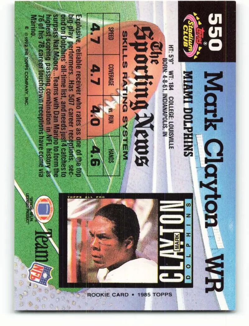 1992 Topps Stadium Club #550 Mark Clayton EX Excellent Miami Dolphins Football Card - Football Card Single