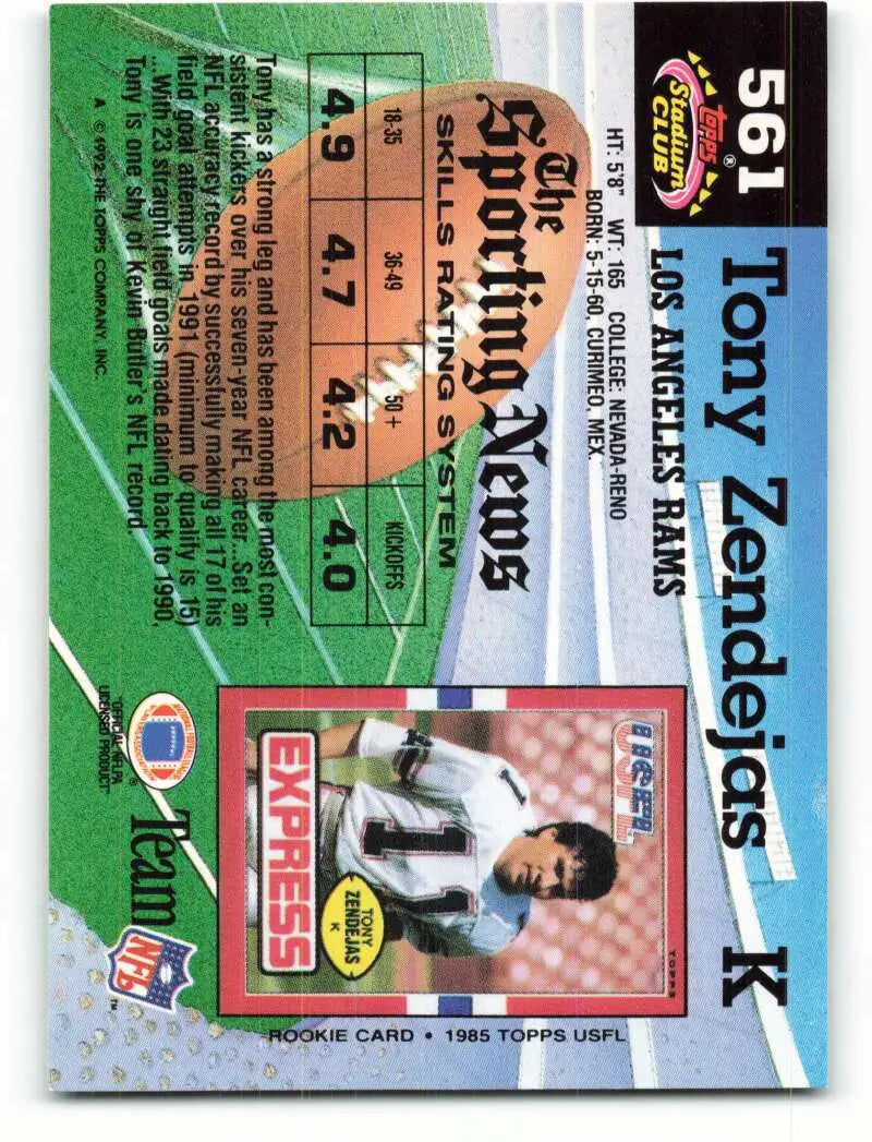 1992 Topps Stadium Club #561 Tony Zendejas EX Excellent Los Angeles Rams Football Card - Football Card Single