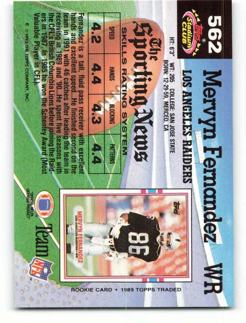 1992 Topps Stadium Club #562 Mervyn Fernandez EX Excellent Los Angeles Raiders Football Card - Football Card Single