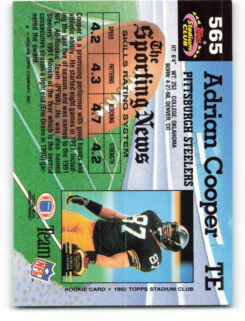 1992 Topps Stadium Club #565 Adrian Cooper EX Excellent Pittsburgh Steelers Football Card - Football Card Single