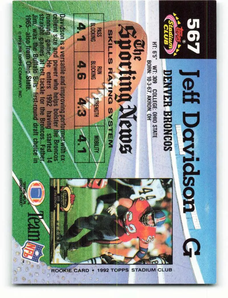 1992 Topps Stadium Club #567 Jeff Davidson EX Excellent RC Rookie Denver Broncos Football Card - Football Card Single