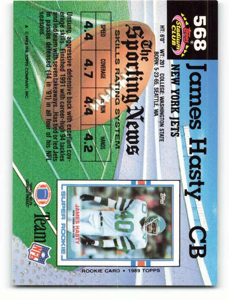 1992 Topps Stadium Club #568 James Hasty EX Excellent New York Jets Football Card - Football Card Single