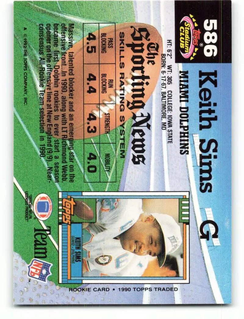 1992 Topps Stadium Club #586 Keith Sims EX Excellent Miami Dolphins Football Card - Football Card Single