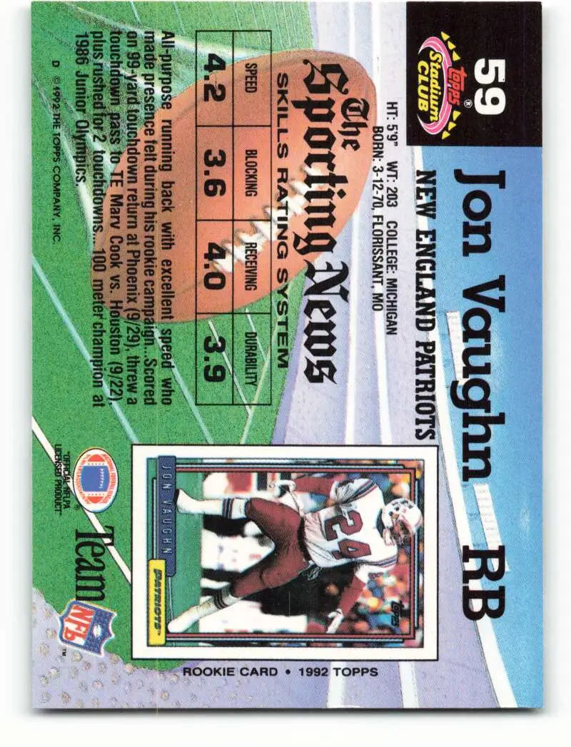 1992 Topps Stadium Club #59 Jon Vaughn EX Excellent New England Patriots Football Card - Football Card Single