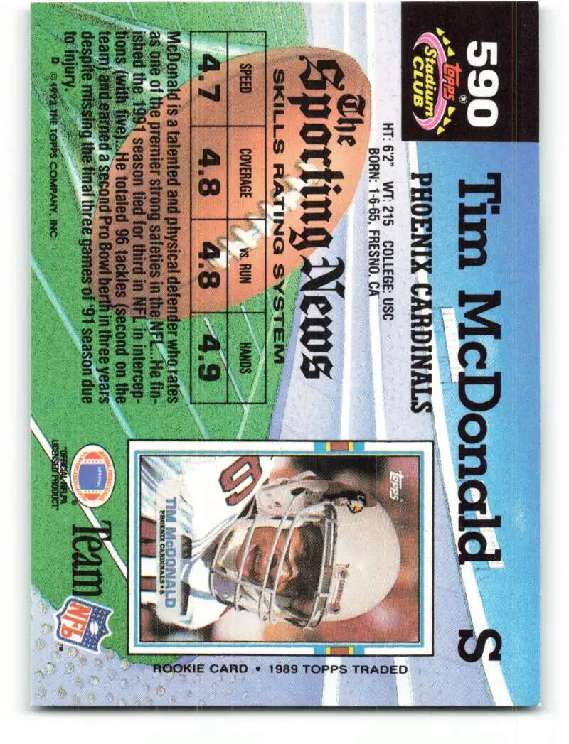 1992 Topps Stadium Club #590 Tim McDonald EX Excellent Phoenix Cardinals Football Card - Football Card Single