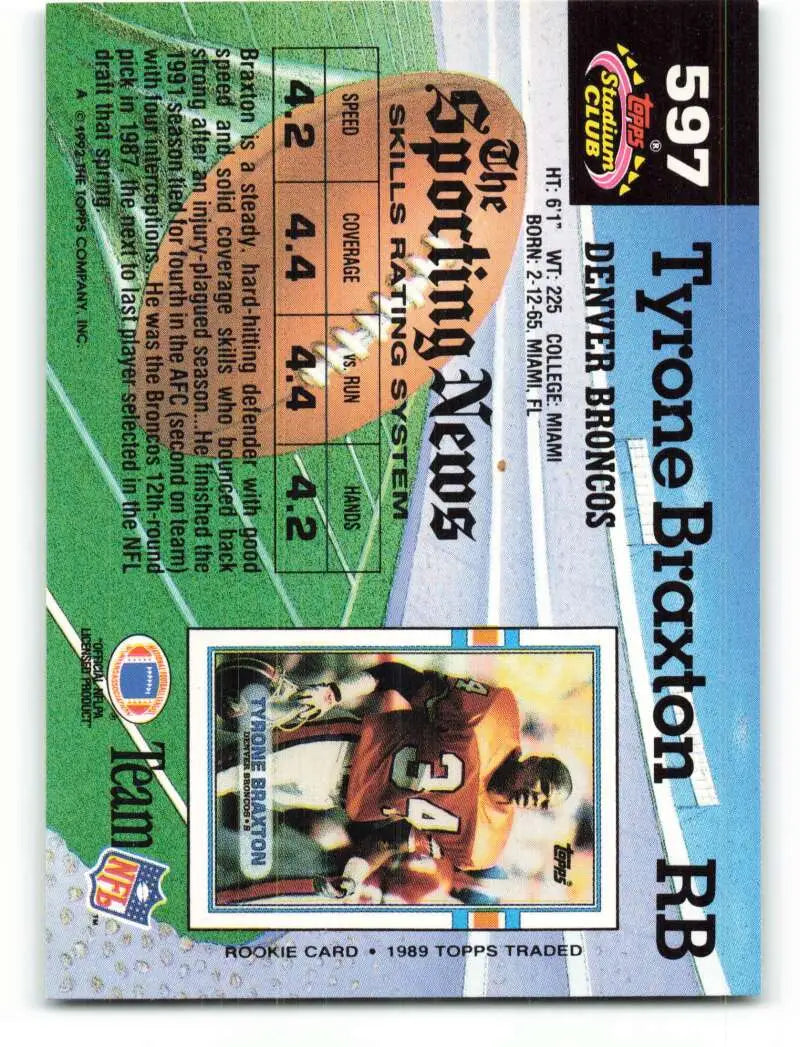 1992 Topps Stadium Club #597 Tyrone Braxton EX Excellent Denver Broncos Football Card - Football Card Single