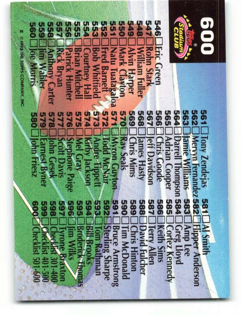1992 Topps Stadium Club #600 Checklist 501-600 EX Excellent Football Card - Football Card Single