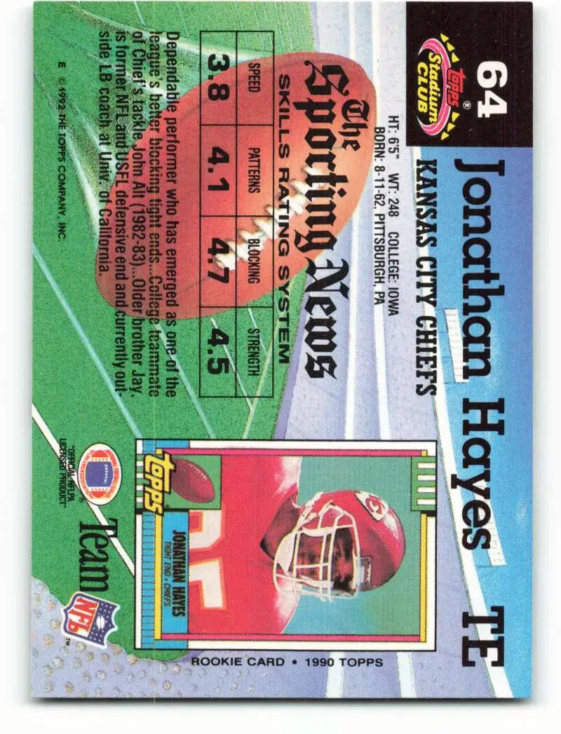 1992 Topps Stadium Club #64 Jonathan Hayes EX Excellent Kansas City Chiefs Football Card - Football Card Single