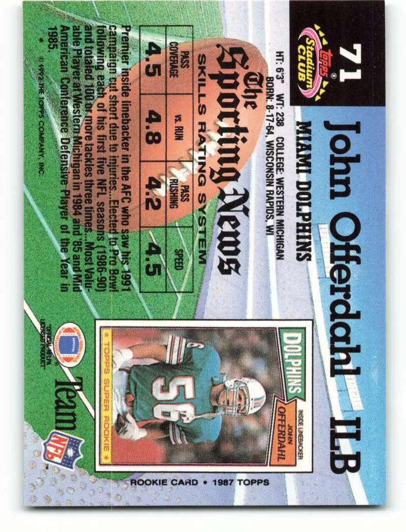 1992 Topps Stadium Club #71 John Offerdahl EX Excellent Miami Dolphins Football Card - Football Card Single