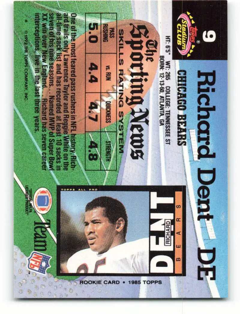 1992 Topps Stadium Club #9 Richard Dent EX Excellent Chicago Bears Football Card - Football Card Single