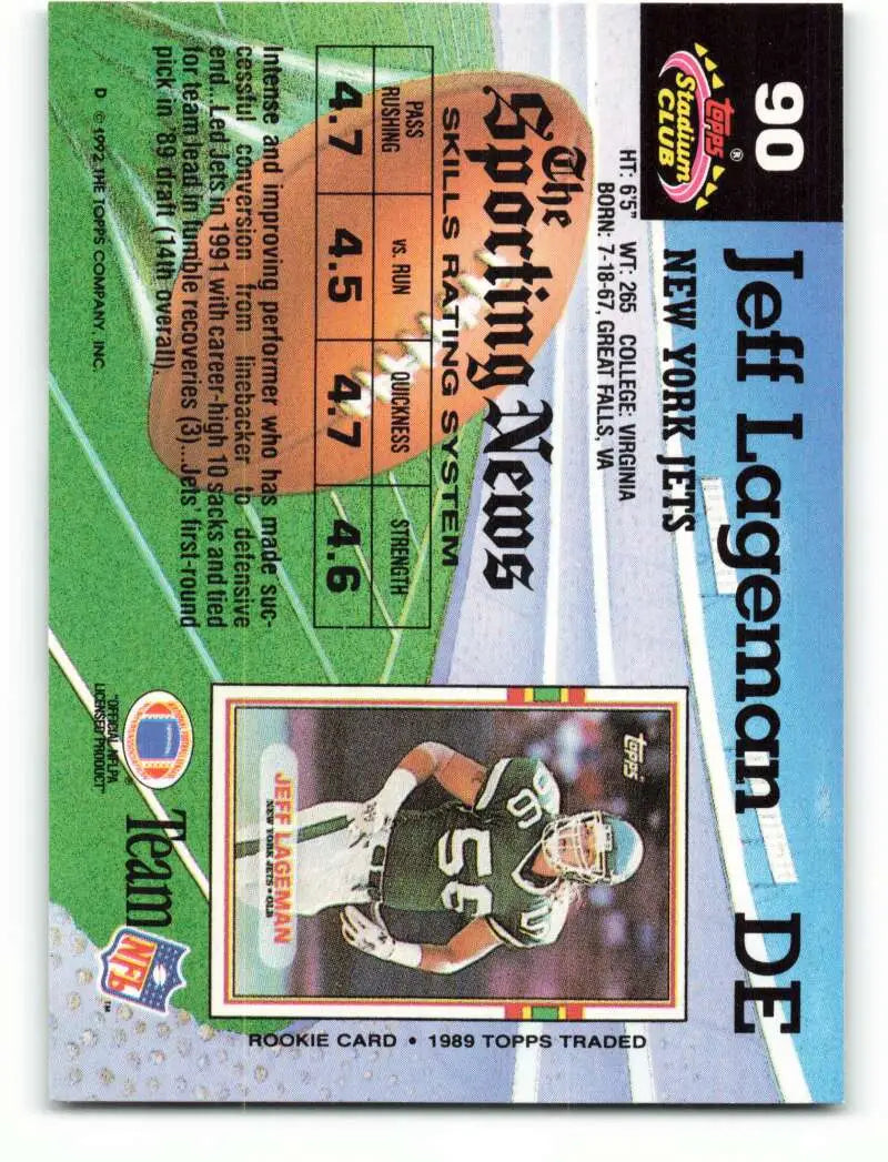 1992 Topps Stadium Club #90 Jeff Lageman EX Excellent New York Jets Football Card - Football Card Single
