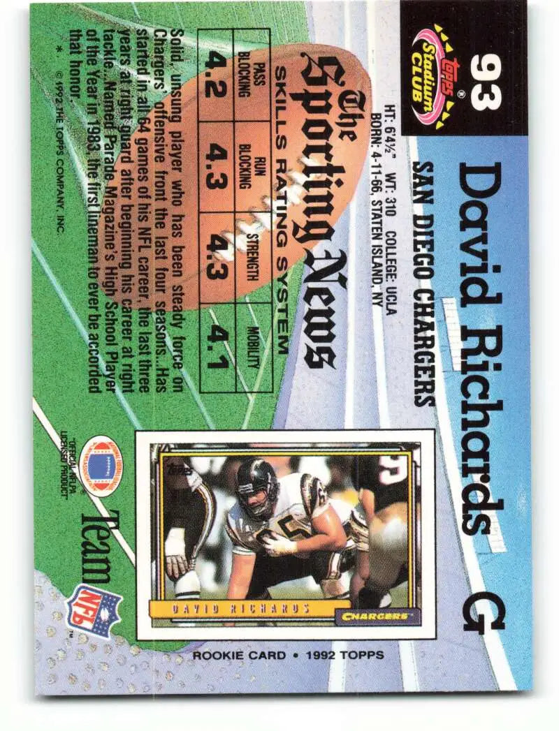1992 Topps Stadium Club #93 David Richards EX Excellent San Diego Chargers Football Card - Football Card Single
