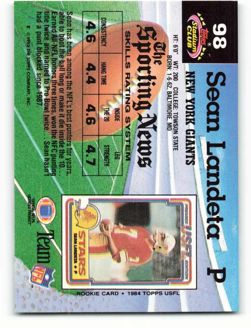 1992 Topps Stadium Club #98 Sean Landeta EX Excellent New York Giants Football Card - Football Card Single