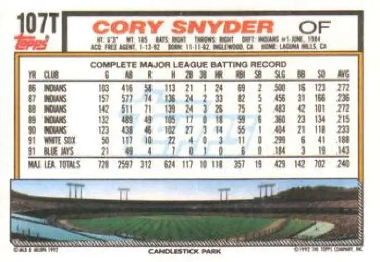 1992 Topps Traded #107T Cory Snyder NM-MT San Francisco Giants Baseball Card - Baseball Card Single