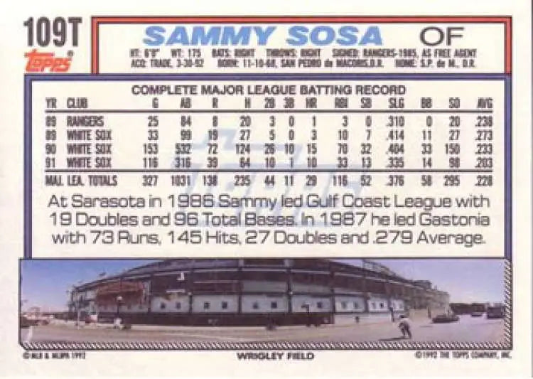 1992 Topps Traded #109T Sammy Sosa NM-MT Chicago Cubs Baseball Card - Baseball Card Single