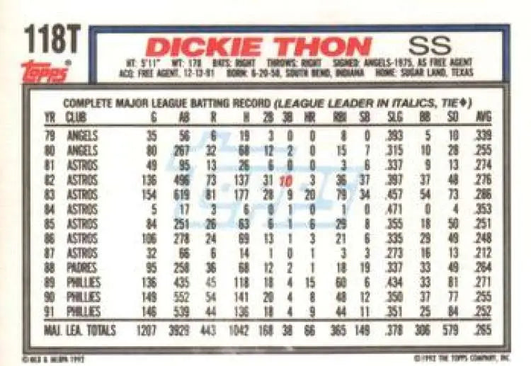 1992 Topps Traded #118T Dickie Thon NM-MT Texas Rangers Baseball Card - Baseball Card Single