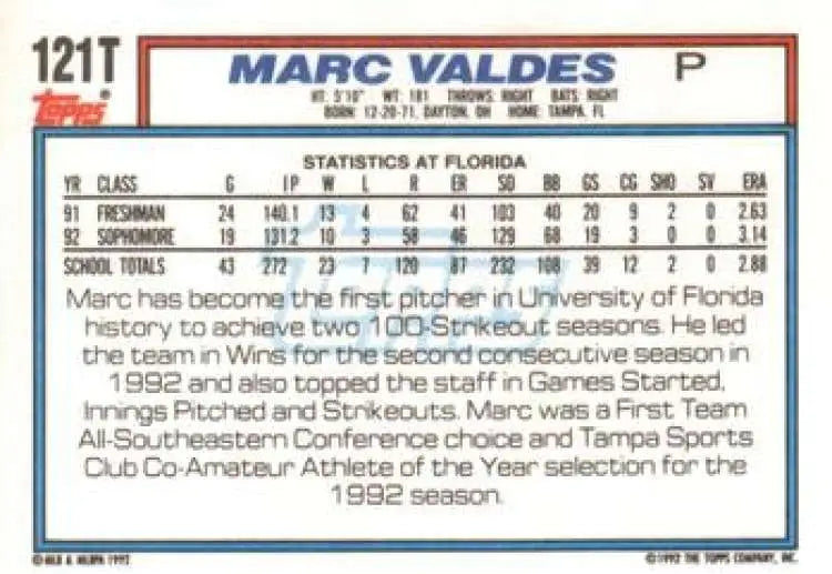 1992 Topps Traded #121T Marc Valdes NM-MT RC Rookie USA Baseball Card - Baseball Card Single