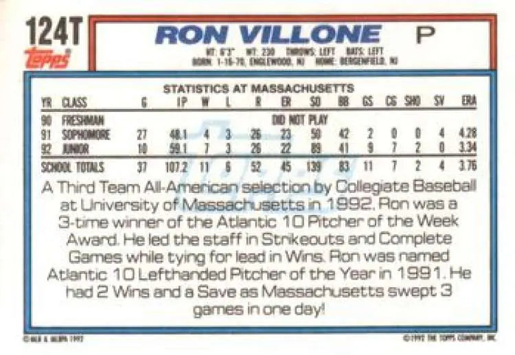 1992 Topps Traded #124T Ron Villone NM-MT RC Rookie USA Baseball Card - Baseball Card Single
