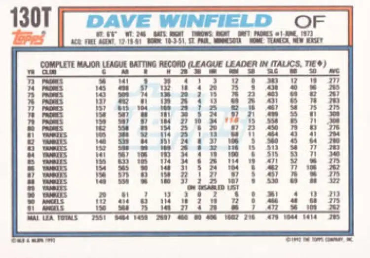 1992 Topps Traded #130T Dave Winfield NM-MT Toronto Blue Jays Baseball Card - Baseball Card Single