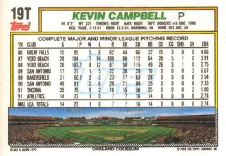 1992 Topps Traded #19T Kevin Campbell NM-MT RC Rookie Oakland Athletics Baseball Card - Baseball Card Single