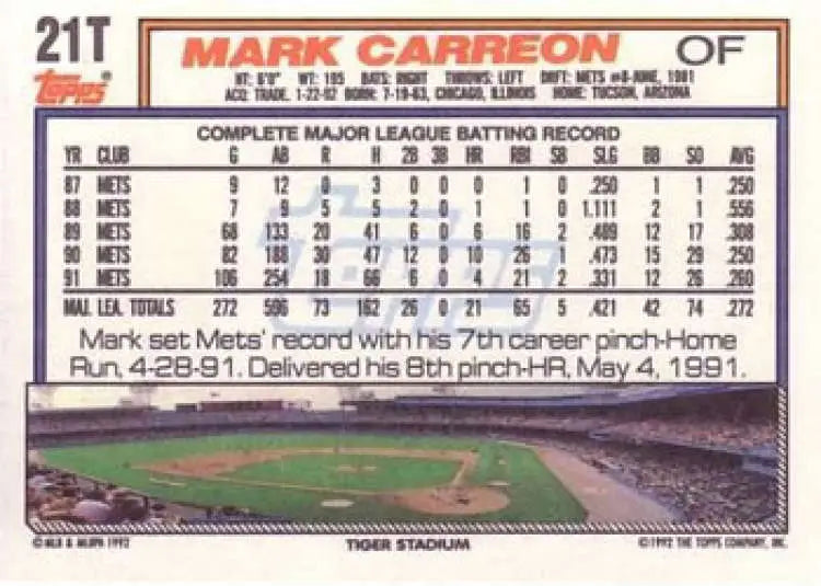 1992 Topps Traded #21T Mark Carreon NM-MT Detroit Tigers Baseball Card - Baseball Card Single