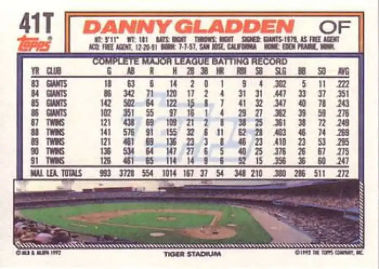 1992 Topps Traded #41T Dan Gladden NM-MT Detroit Tigers Baseball Card - Baseball Card Single